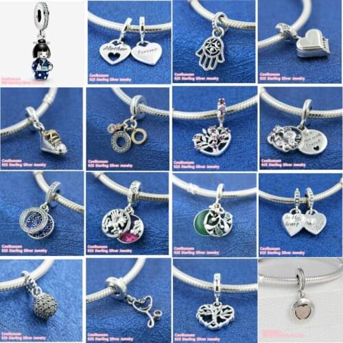 925 Sterling Silver Beads Triple Monogram Double Heart Split Protective Hamsa Hand Japanese Doll in Blue Kimono Dangle Charm