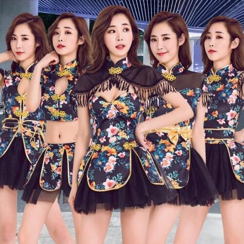 Bar Nightclub Singer Costume Women Flower Cheongsam Dress Jazz Dance Show Outfit DS DJ Rave Wear Cheerlead Clothing DNV13981