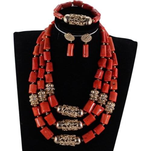 Traditional Nigerian Wedding Coral Beads Jewelry Set Luxury Women Brides Real Coral Beads Dubai Gold Jewellery Set CNR901