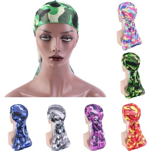 Long Tail Turban Fashion Camouflage Muslim Durags Imitation Silk Women Men Bandanas Pirate Hat Hair Bonnet Cap Headwrap Headwear