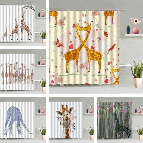 Cartoon Giraffe Shower Curtain Animal Love Kiss Valentines Day Bathroom Screen Decor Waterproof Hooks Wall Hanging Curtains Set