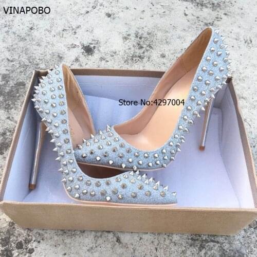 Vinapobo Glitter Spikes Women Fashion Shoes Studded Rivets Silver High Heels Lady Shoes stiletto pumps shoes plus size 35-43