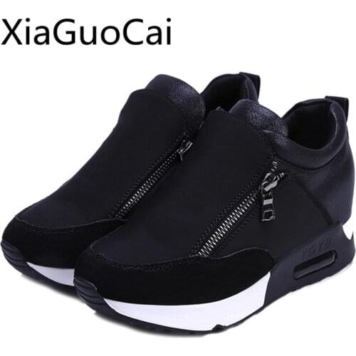 Black High Heels Women Platform Wedges Shoes Female Flat Sneakers Autumn Breathable Ladies Pu Leather Creepers Shoes