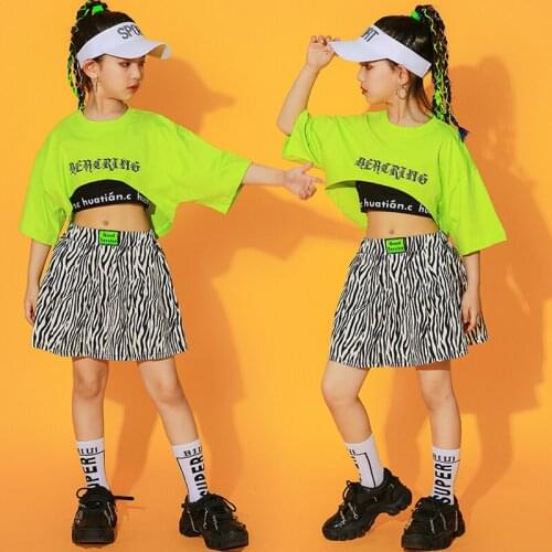 2021 Summer Jazz Dance Costume Loose Green Tops For Girls Leopard Skirt Short Sleeve Street Dance Kids Hip Hop Clothes BL6022