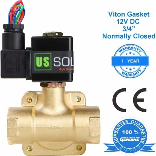 U.S. Solid 3/4" Brass Electric Solenoid Valve 12V DC Normally Closed Viton Gasket Air, water, Fuel, CE Certified