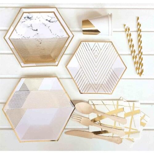 8pcs Birthday Party Gold Stripe Disposable Paper Plates Cups Napkins Straw Wedding Party Tableware Sets kids Birthday Decorates