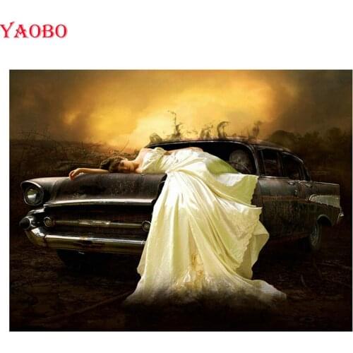 DIY Full Diamond Painting Retro car beauty scenery Diamond Embroidery round square Mosaic Picture Of Rhinestone Decoration