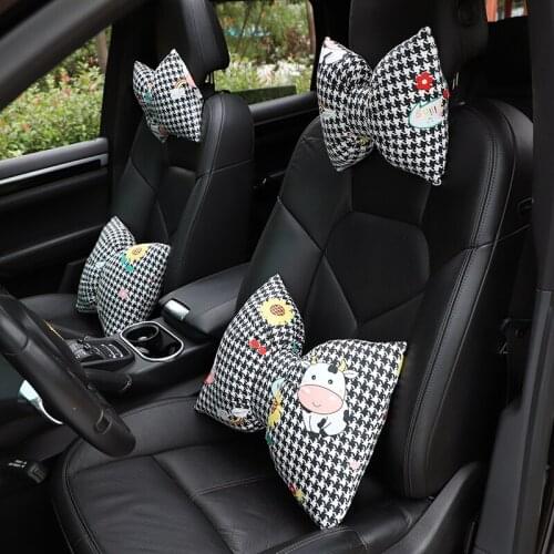 Car Bowknot Headrest Cartoon Printed Cotton Cloth Car Neck Pillow Cushion Fashion Womens Car Interior Products