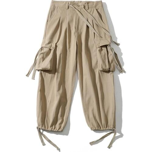 Japanese Style Retro Fashion Big Pocket Cargo Pants Overalls for Men and Women Autumn Casual Drawstring Wide Leg Jogger Trousers