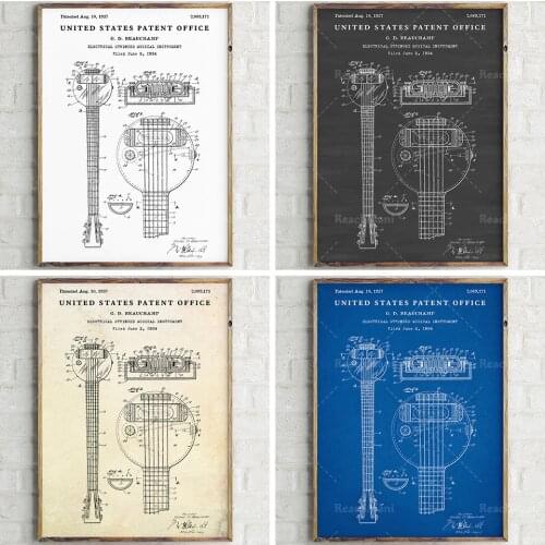Dessins de brevets rétro imprimés pour guitares électriques. Affiche de plan d'instruments de musique. Décoration de salle de mu