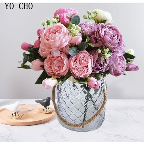 YO CHO Artificial Flower Silk Rose Bridal Hand Bouquet Faux 5 Head 3 Bud Simulation Rose Flowers Fake Flowers for Wedding Decor