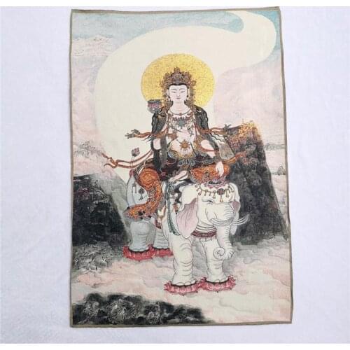 China old Tibet silk Thang ka like hanging painting fengshui Samantabhadra God statue portrait