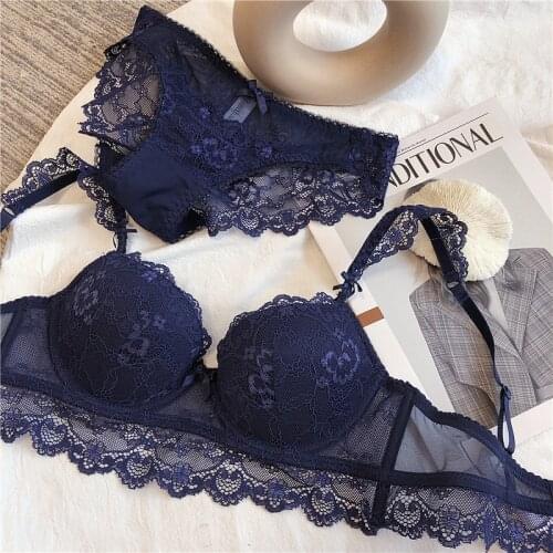Lace gathered bra sexy upper thin and lower thickness lingerie adjustable breast underwear set large size push up bralette