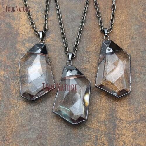 Top Selling Geometric Style Pendants Gunmetal Finish Copper Necklace Glass Faceted Crystal Charm Chains In 18 inch NM11342