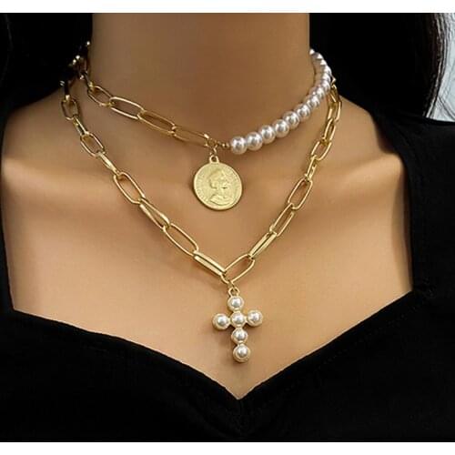 Fashion Coin Cross Pearl Necklaces Multi-layers Resin Necklace For Women Bohemian Gold Long Chain Choker Trendy NEW 2021 Jewelry