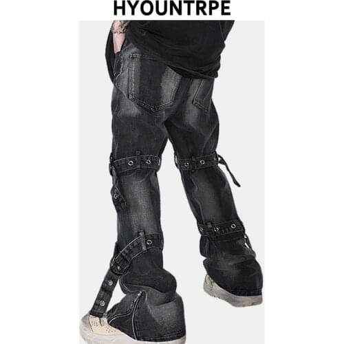 Fashion Straight Denim Jeans Men Casual Adjustable Legs Belts Trousers Pants Hip Hop Loose Zipper Streetwear Jean Pants Joggers