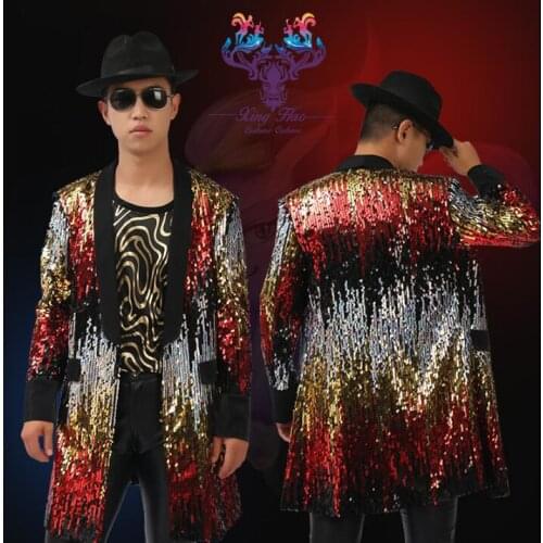 Men suits trench coat designs stage costumes for singers men sequin blazer dance medium-long patchwork clothes jacket star