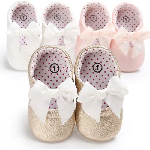 New 0-18 M Newborn Baby Girl Pink Kahaki White Pu Leather Anti-slip Princess Shoes Soft Sole Bowknot Babies Shoes