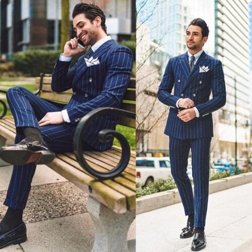 New Fashion Double Breasted Stripe Men Tuxedos Groom Wedding Suits Slim Fit Peaked Lapel Mens Suit 2 Pieces Coat Pants