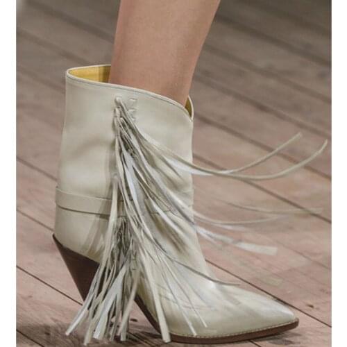 New Chic Ladies British Style Tassel Martin Ankle Boots Pointed Toe Spike Heels Shoes Women Slip-on Leather Fringed Runway Boots
