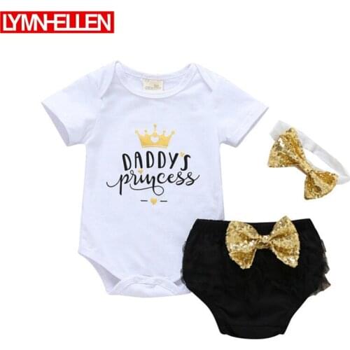 New Baby Girl Daddys Princess Tops Clothing Newborn Kids Girls Outfits Clothes Romper Bodysuit + Bow PP Shorts + Headband Set
