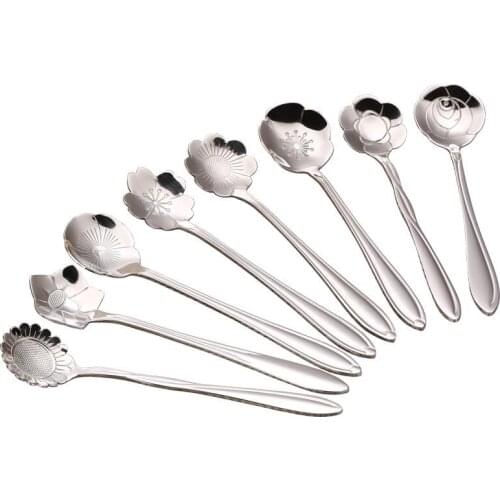New Arrive Tableware Flower Shape Sugar Stainless Steel Silver Tea Coffee Spoon Teaspoons Ice Cream Flatware LX7990