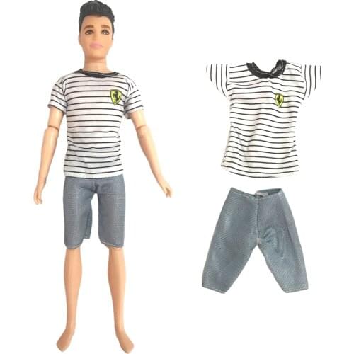 NK 1 Pcs Men Doll Clothes Stripe Shirt +Grey Shorts Fashion Doll Outfit For Ken Doll Casual Clothes Men Toys Baby Gift