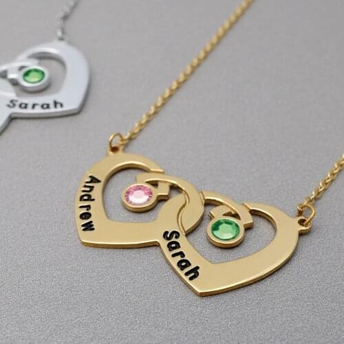 Personalized Name Necklace,Double Name Necklace with 2 Birthstones,Custom Heart Necklace,Gift for Her Mom Wife Girlfriend