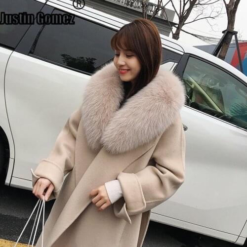New Leisure Korean Long Loose Streetwear Fox Fur Collar Wool Coat Elegant Ladies Casual Pure Color Simple Outwear Ladies Coats