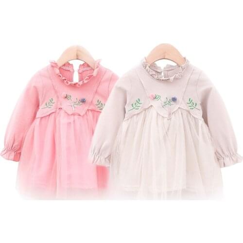 0-24M Baby Girls Dress Embroidery Princess Dress For Girls Beige Pink Mesh Lace Party Dress Girls Clothes