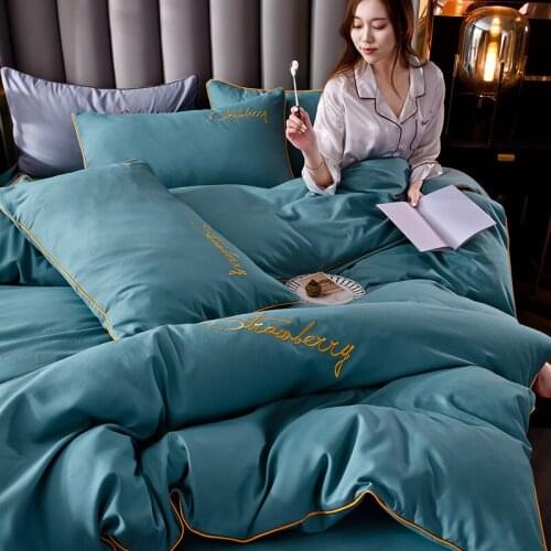 Simple solid color cotton four-piece three-piece single and double set multi-piece washed cotton cotton embroidery