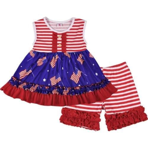 Girls Clothing Set Kids Striped Flag Top with Ruffle Shorts 2 PCs Outfit Fashion Independence Day 4th July Kids Girls Clothes