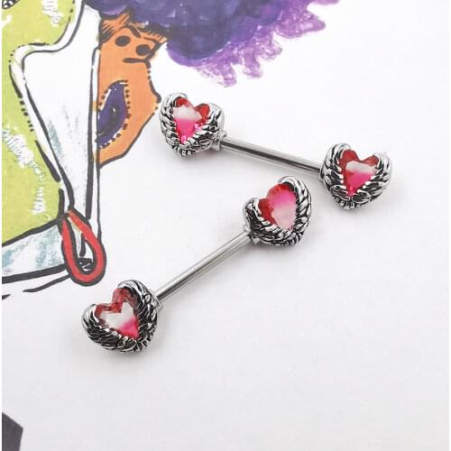 JHJT 2PCS Nipple Rings Barbell Stainless Steel Pink Heart Wings Sexy Women Nipple Bar 14G(1.6mm) Body Piercing Jewelry