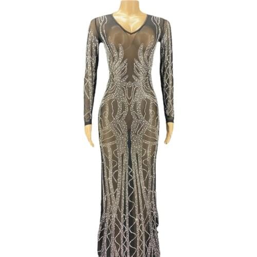 Sparkly Silver Rhinestone Black Mesh See Through Long Dress Sleeveless Evening Gown Birthday Dress Stage Dance Show Party Outfit