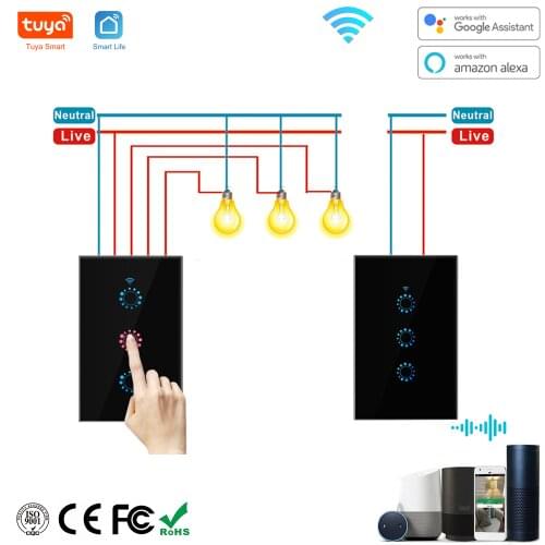 TWO-WAY Wifi Smart Light Touch Switch Panel Wireless Wall Switch US AU Remote Control with Alexa Google Home 1/2/3 Gang