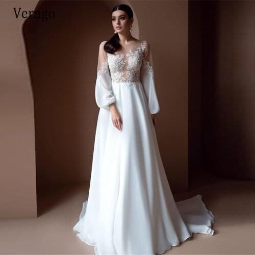 Verngo 2021 Modest A Line Silk Chiffon Wedding Dress Puff Long Sleeves Lace Applique O-Neck Sweep Train Bridal Gowns Plus Size
