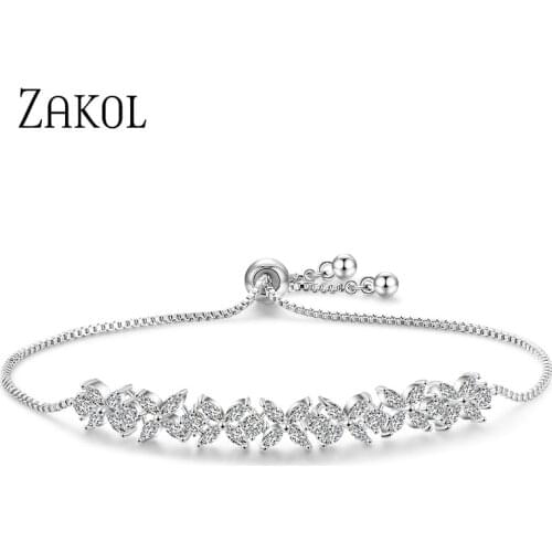 ZAKOL New Arrival White CZ Zircon Stones Flower Charm Adjustable Bracelets for Women Fashion Wedding Jewelry FSBP2136