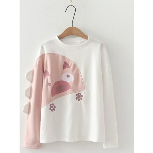 Womens Kawaii Cartoon Embroidery Patchwork Hoodies Sweatshirt 2020 Autumn Girl O-Neck Long Sleeve Thin Casual Pullovers