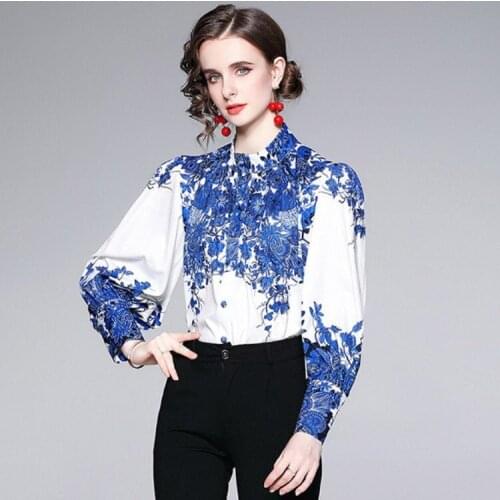 2021 Spring Womens Vintage Fashion Blue Printing Plus Size Blouses European Lantern Long Sleeve Single-Breasted Slim Shirt Tops