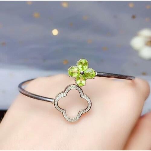 Two wear natural green peridot bangles natural olivine Bracelet S925 silver Elegant lovely Clover women party gift fine jewelery