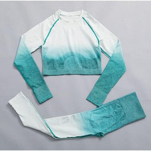 Ombre Sport Set Women Gym Yoga Suit Sport Outfit Seamless High Waist Leggings Fitness Long Sleeve Crop Top Workout Clothes