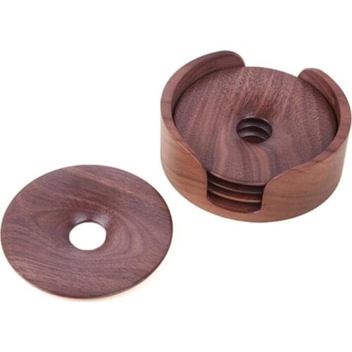 4Pcs Natural Wooden Round Coaster with Holder Storage Rack Heat-Resistant Placemats Drinks Mat Tea Coffee Cup Pad