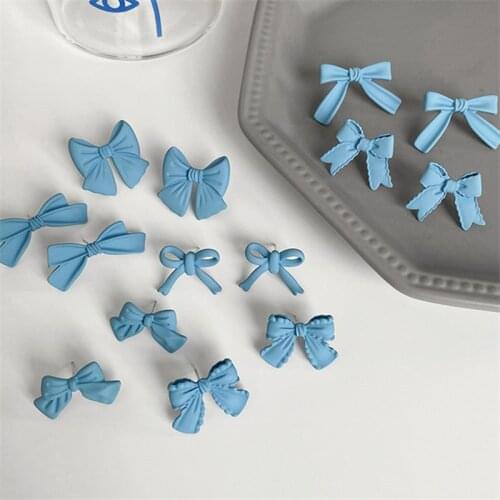 AOMU 2021 Ins Sweet Romantic Blue Alloy Bow Earrings Cartoon Cute Simple Small Stud Earrings for Women Fashion Gifts Jewelry