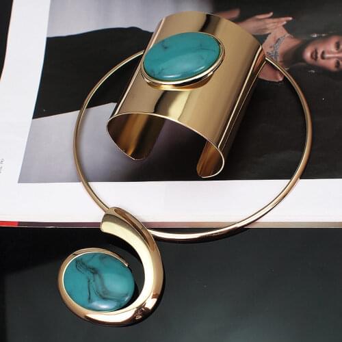 Alloy Torques Opened Cuff Bracelet Bangles Necklace Sets Statement Resin Necklaces For Women Wedding Party Jewelry Sets UKMOC