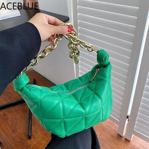 Brand Designer Womens Thick Chain Lingge Small Underarm Baguette Bag 2021 Winter Shoulder Handbags High Quality PU Leather Sac