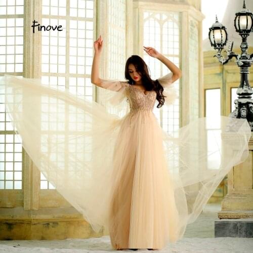 Finove Charming Beading 2020 New Design Prom Dress A-Line Sexy V-Neck Elegant Tulle Chic Side Split Floor-Length Long Dress