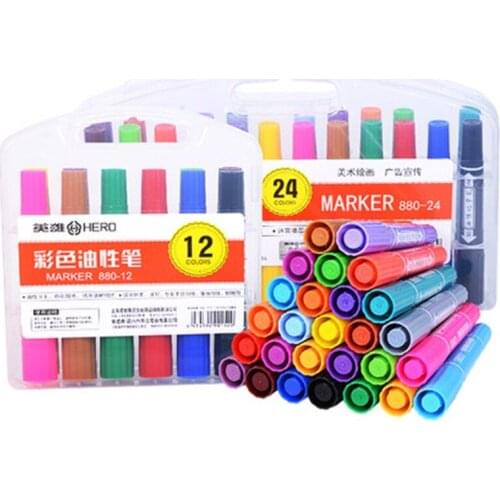 Hero 880 Colored Double Heads Oily Marker Pens 12/24 Colors Manga Drawing POP Paint Markers for Poster/CD/Metal/Plastic/Paper