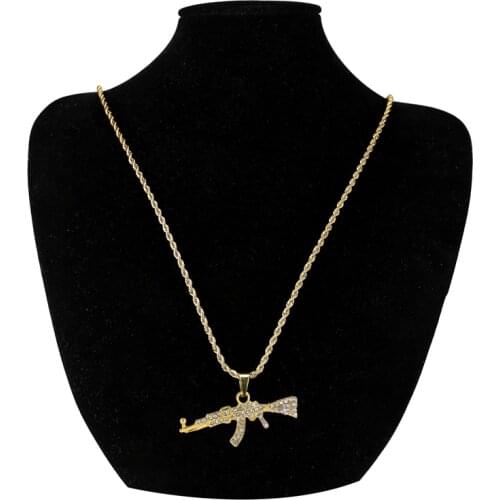 HipHop Rhinestone Paved Bling Gold Stainless Steel Ak 47 Gun Pendants Necklace For Men Rapper Best Jewelry Choker