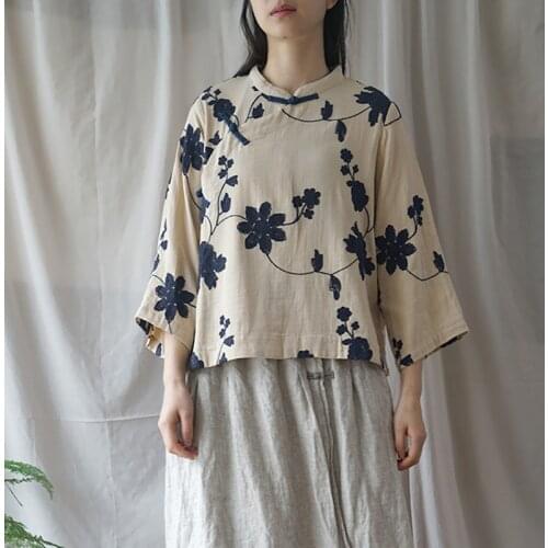 Johnature Embroidery Floral Vintage Shirts Spring Blouses Women Cloths 2021 Spring New Stand Seven Sleeve Chinese Style Tops