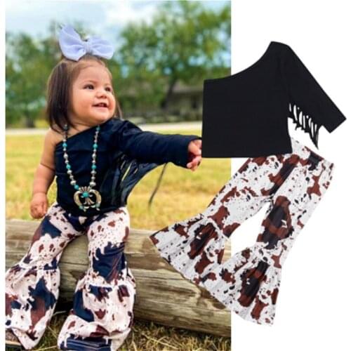 2Pcs Kids Baby Girls Clothes Sets 2021 Summer Autumn One Shoulder Long Sleeve Crop Tops + Print Flare Pants Children Outfit